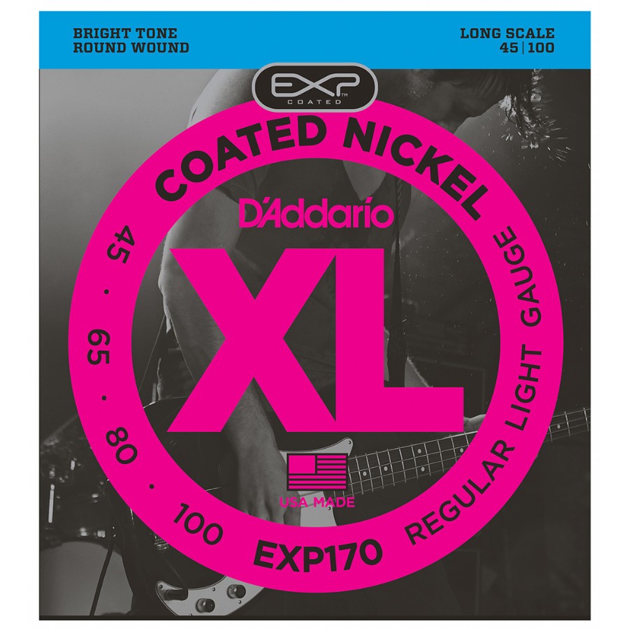 D'Addario EXP170 Coated Nickel Wound Bass, Light, 45-100, Long Scale Takım Tel Bas Gitar Teli 045-100