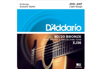 D'Addario EJ36 80/20 12-String Bronze Acoustic Guitar Strings, Light, 10-47 Takım Tel - 12 Telli Akustik gitar teli 010-047