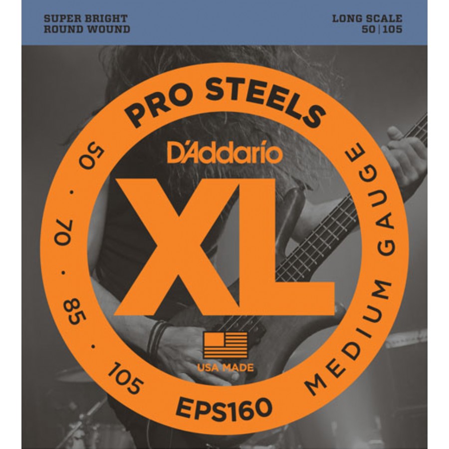 D'Addario EPS160 ProSteels Bass, Medium, 50-105, Long Scale Takım Tel Bas Gitar Teli 050-105