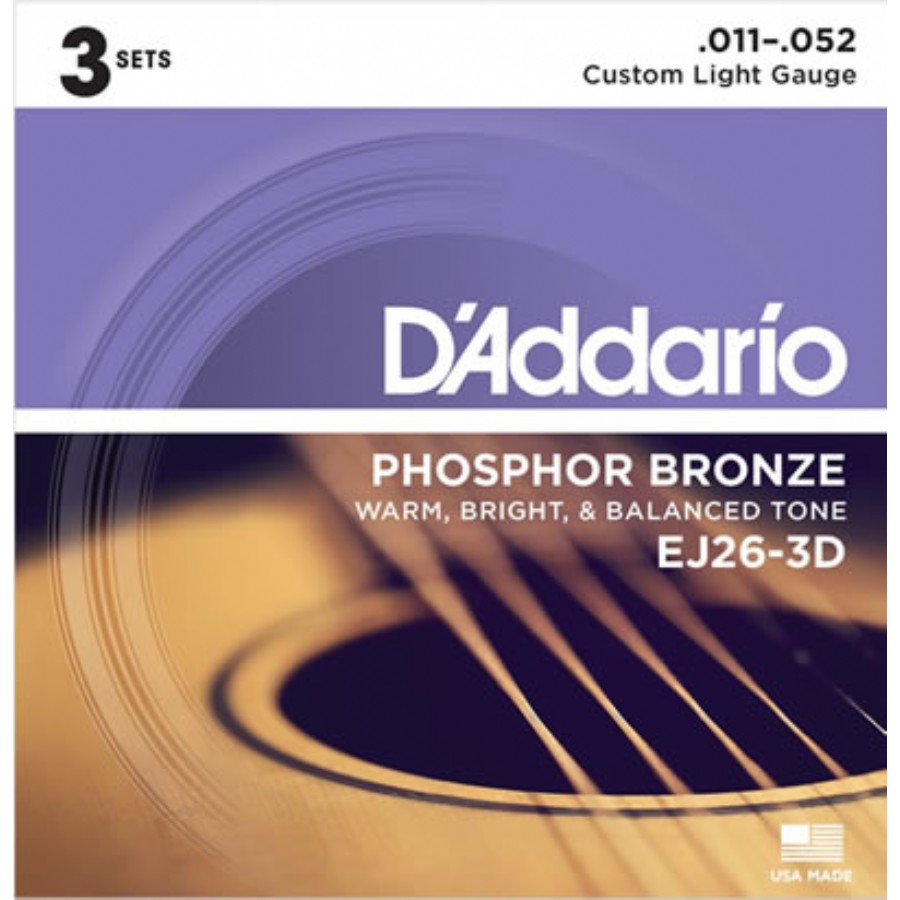 D'Addario EJ26-3D 3-Pack Custom Light Takım Tel Akustik Gitar Teli 011 (3 Set)
