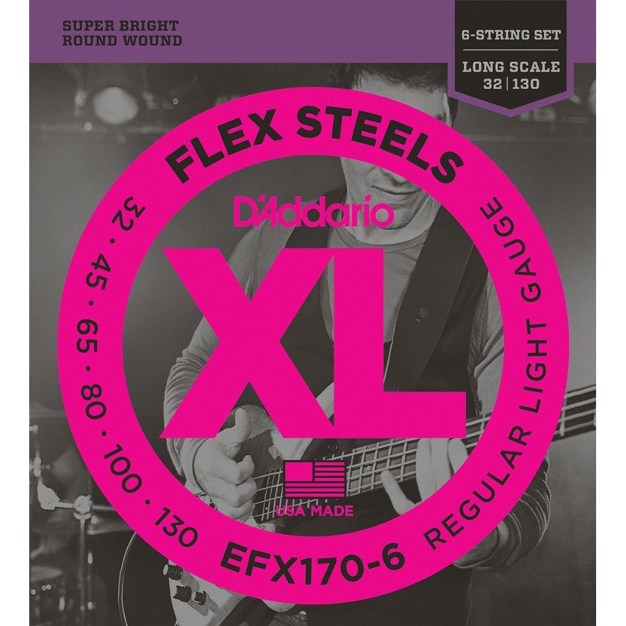 D'Addario EFX170-6 FlexSteels 6-String Bass, Light, 32-130, Long Scale Takım Tel 6 Telli Bas Gitar Teli 032-130
