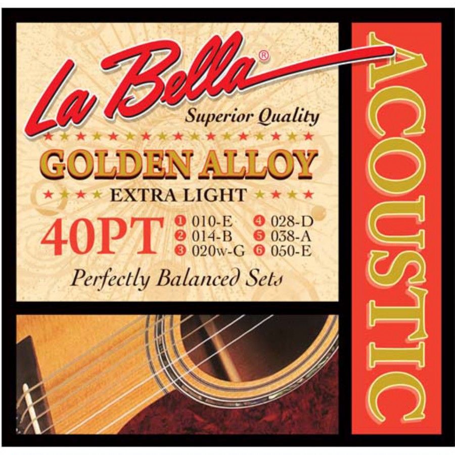 La Bella 40PT Golden Alloy, Extra Light Takım Tel Akustik Gitar Teli 010-050