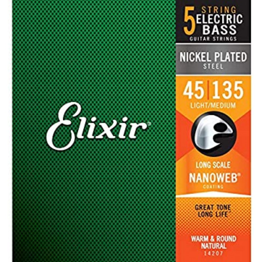 Elixir 14207 Nanoweb Coated Enhanced Light Medium Long 5 Telli Bas Gitar Teli 045-135