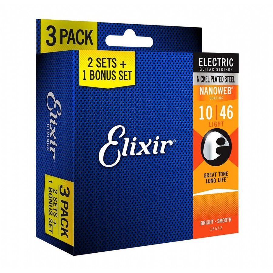 Elixir 16542 Nano Web Light Elektro Gitar Teli 010-046 (3 Set)