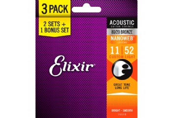 Elixir 16538 80/20 Bronze Custom Light - Akustik Gitar Teli 011-052 (3 Set)