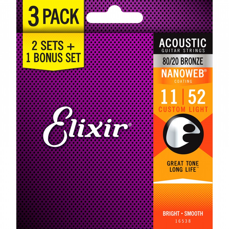 Elixir 16538 80/20 Bronze Custom Light Akustik Gitar Teli 011-052 (3 Set)