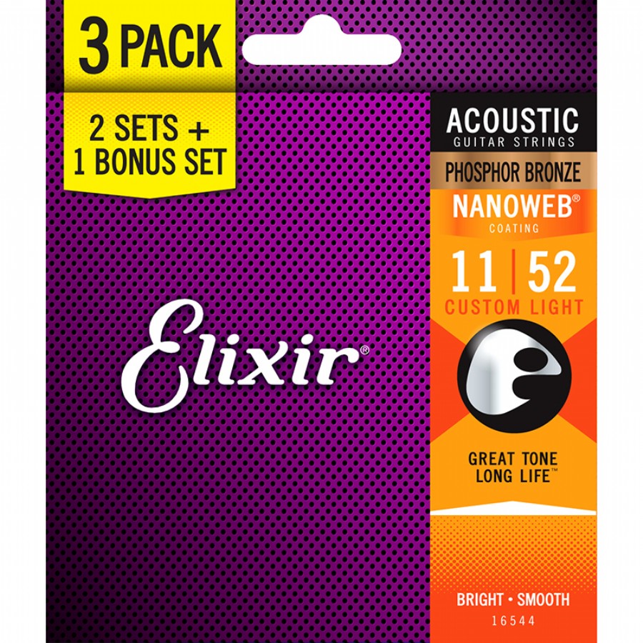 Elixir 16544 Phosphor Bronze Custom Light Akustik Gitar Teli 011-052 (3 Set)