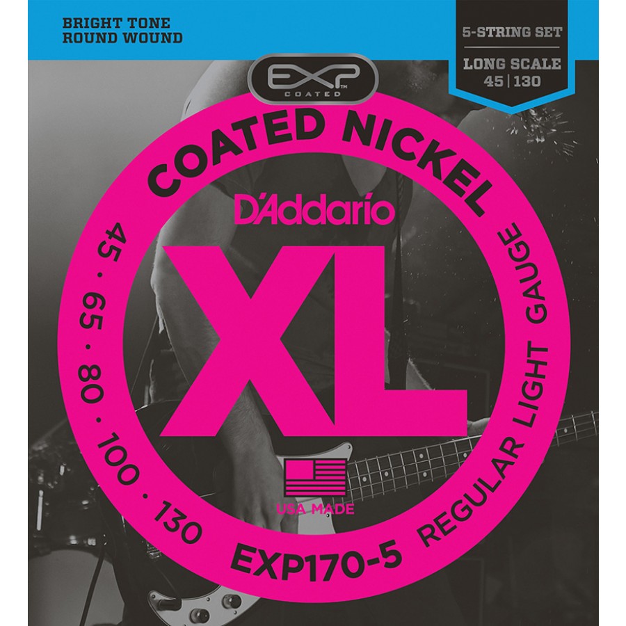 D'Addario EXP170-5 Coated Nickel Wound 5-String Bass, Light, 45-130, Long Scale Takım Tel 5 Telli Bas Gitar teli 045-130