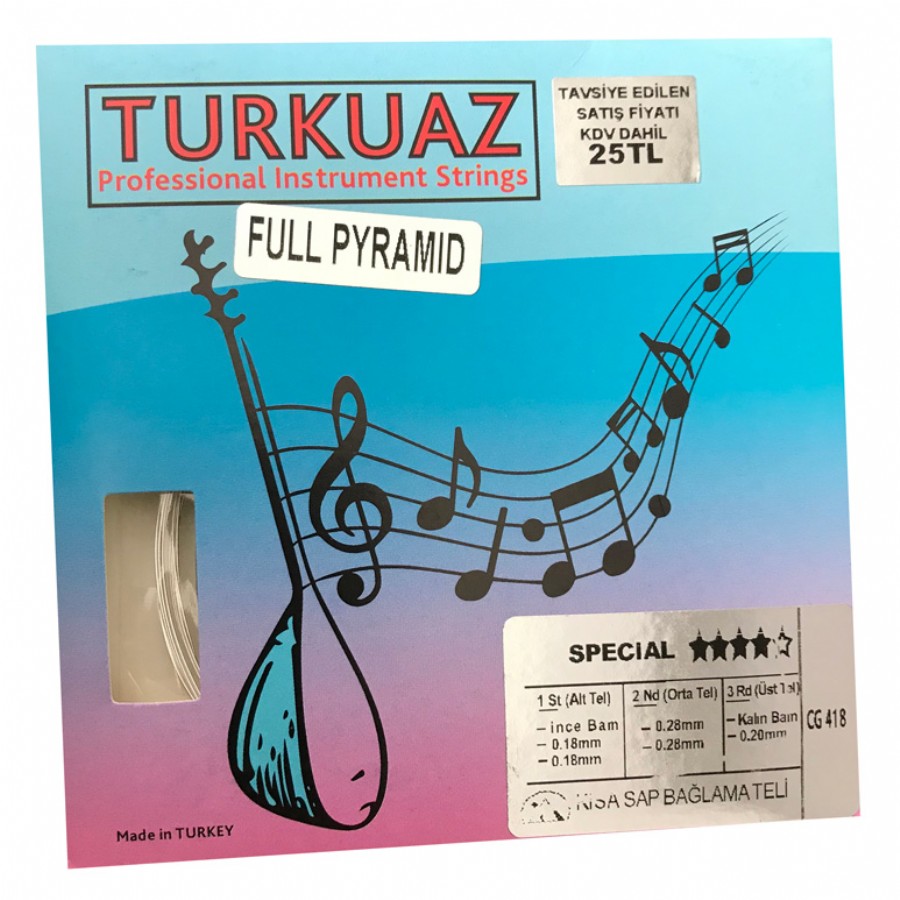 Turkuaz CG418 0.18 mm Pyramid + Pyramid Bamlı Takım Tel Kısa Sap Bağlama Teli 018