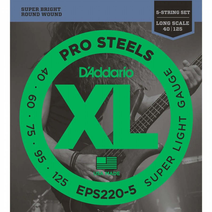 D'Addario EPS220-5 ProSteels 5-String Bass, Super Light Long Scale Takım Tel 5 Telli Bas Gitar Teli 040-125