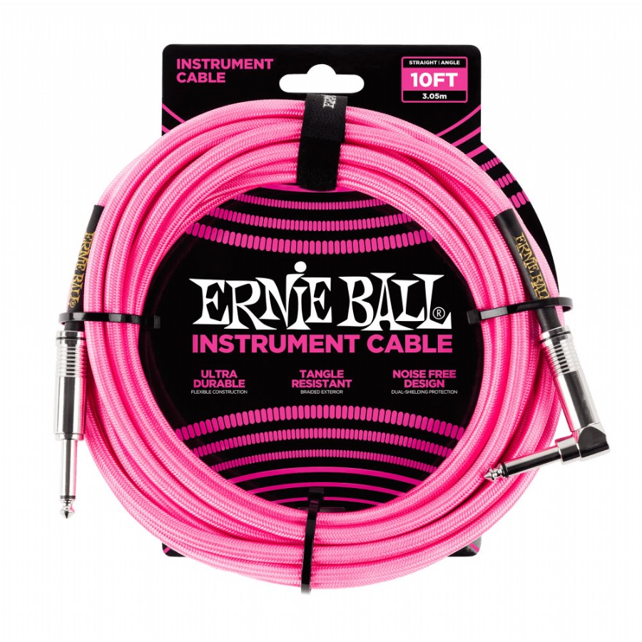 Ernie Ball Neon Pink Braided Straight / Angle Instrument Cable P06078 - (3 metre) Enstrüman Kablosu
