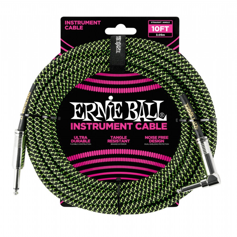 Ernie Ball Black / Green Braided Straight / Angle Instrument Cable P06077 - (3 metre) Enstrüman Kablosu