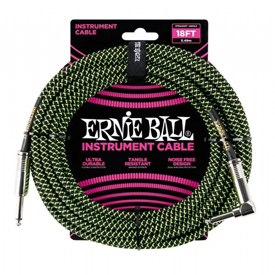 Ernie Ball Black / Green Braided Straight / Angle Instrument Cable P06082 - (5.5 metre) Enstrüman Kablosu