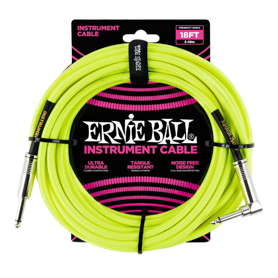 Ernie Ball Neon - Yellow Braided Straight / Angle Instrument Cable P06085 - (5.5 metre) Enstrüman Kablosu