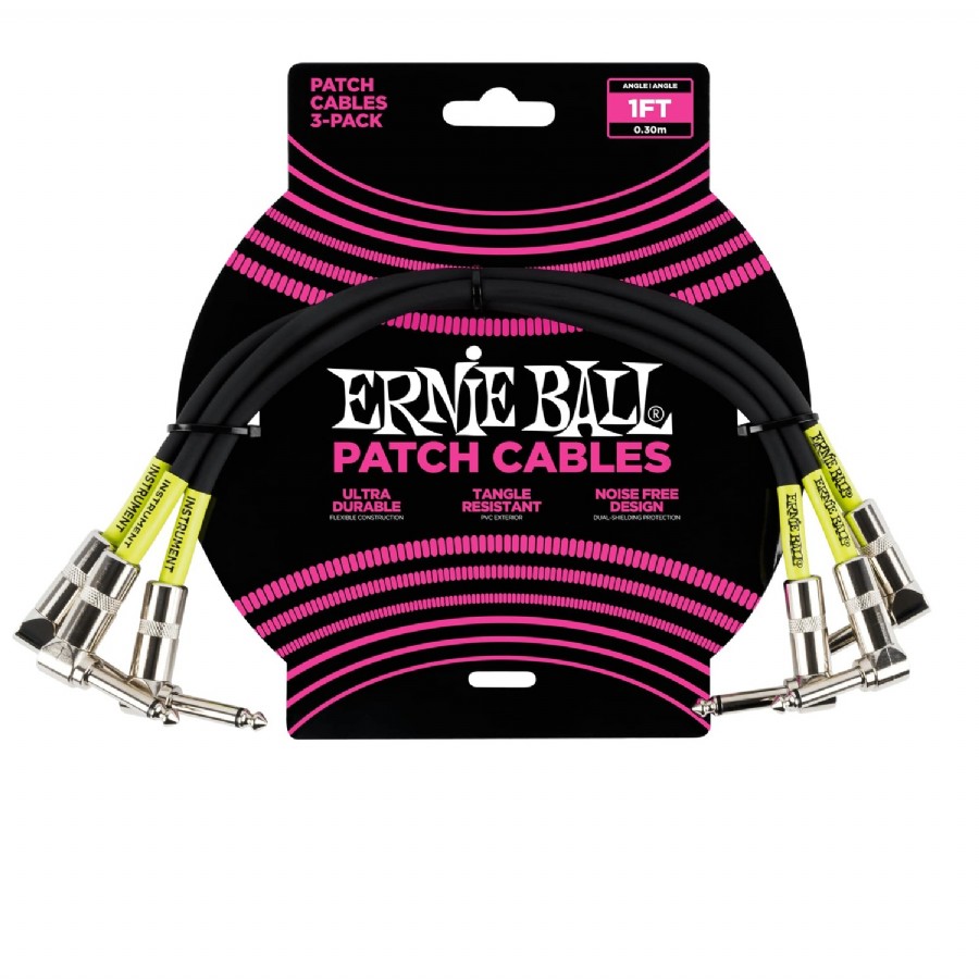 Ernie Ball P06075 1 feet Black Right Angled Patch Cable 3 Pack Pedal Ara Kablosu (30 cm)
