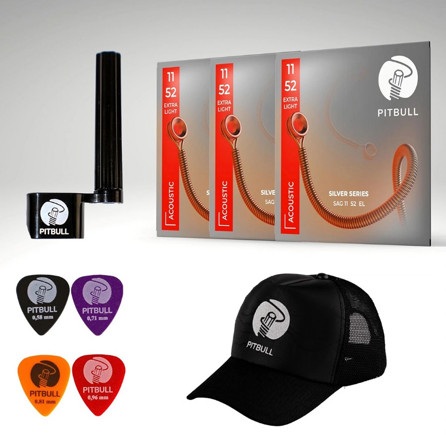 Pitbull Silver Seri Akustik Gitar Teli 11-52 Extra Light SAG 11-52 3P SSC 3lü SET Hediyeli Paket
