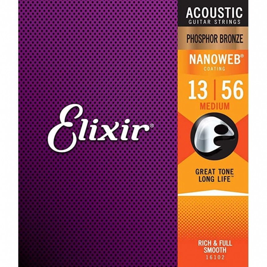 Elixir 16102 Phosphor Bronze Nanoweb Coated Acoustic Guitar Strings Medium Takım Tel Akustik Gitar Teli 013-056