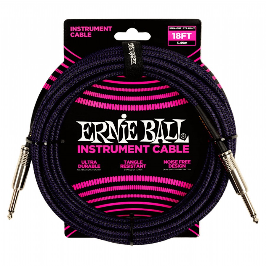 Ernie Ball Braided Instrument Cable Straight/Straight- Purple/Black P06395 - (5.49m) Enstrüman Kablosu