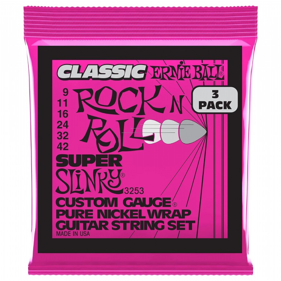 Ernie Ball P03253 Super Slinky Classic RnR Pure Nickel 9-42 Elektro Tel Seti 3lü Paket