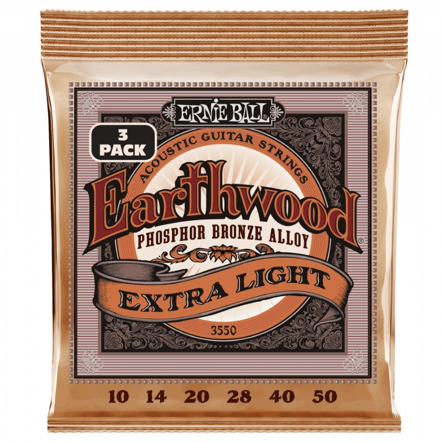 Ernie Ball P03550 Earthwood Extra Light 80/20 Phosphor Bronze Akustik Gitar Teli 010-50 (3'lü Set)