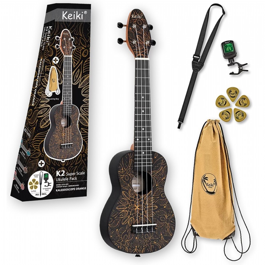 Ortega K2SS Keiki Sopranino Ukulele Set - Orange Kaleidoscope Soprano Ukulele