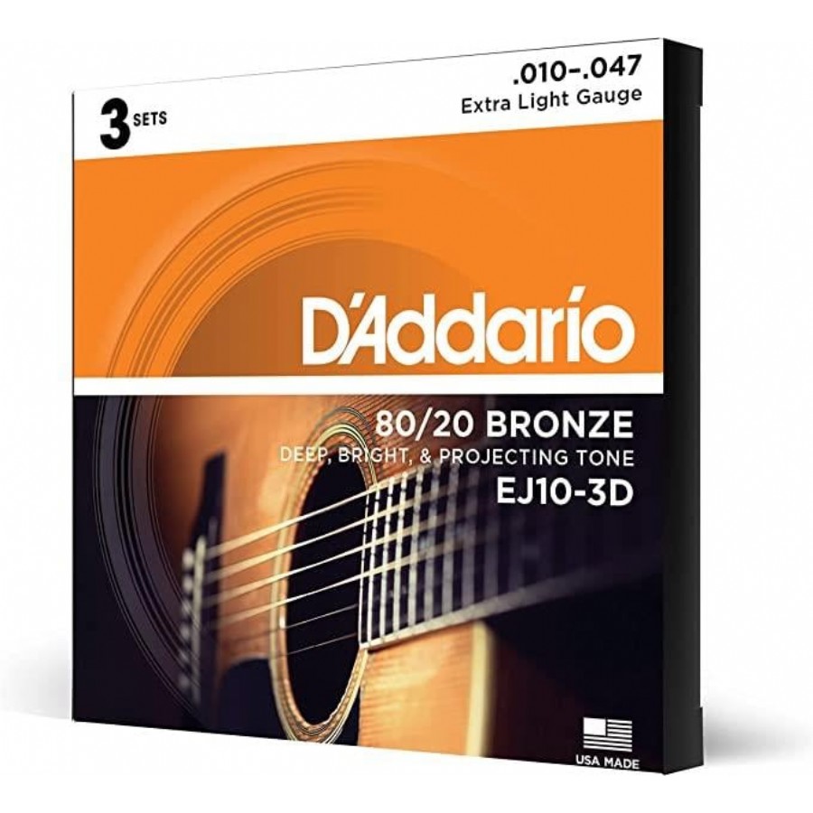 DAddario EJ10-3D 80/20 Bronze Extra Light Takım Tel Akustik Gitar Teli 010-047 (3 Set)